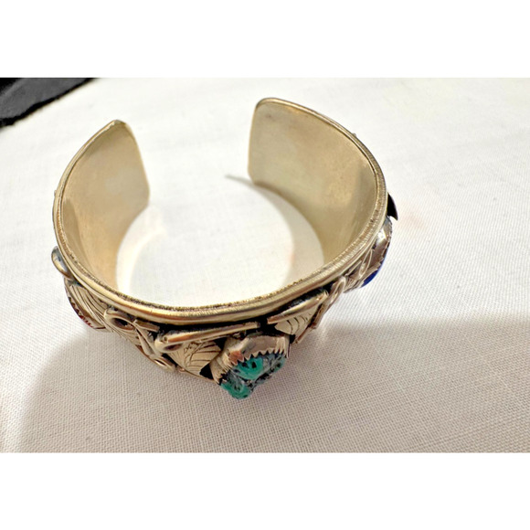 Large Southwestern Cuff Bracelet Nickel Silver Multi Stones Turquoise Chunky Vtg - Picture 10 of 12